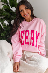 Rosa, locker sitzendes Weihnachts-Sweatshirt mit „MERRY“-Alphabet-Print