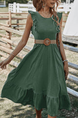Robe mi-longue à col rond et ourlet à volants
