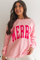 Rosa, locker sitzendes Weihnachts-Sweatshirt mit „MERRY“-Alphabet-Print