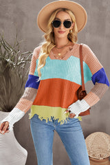 Gerippter Pullover mit V-Ausschnitt und Farbblock-Muster