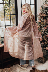 Rosa-braune Strickjacke mit offener Vorderseite und langen Pailletten-Glockenärmeln