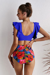 Bikini-Set mit Blumenmuster und hoher Taille und Rüschen