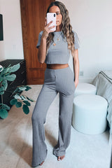 Ribbed Crop T-Shirt Wide Leg Pants Lounge Set