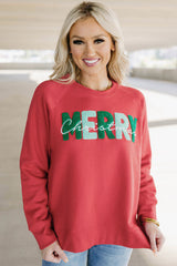 Rotes Chenille-Sweatshirt „MERRY Christmas“ mit Raglanärmeln und Grafik