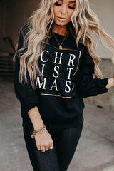 Schwarzes Sweatshirt mit Rundhalsausschnitt und Grafik im Weihnachts-Glitzer-Print