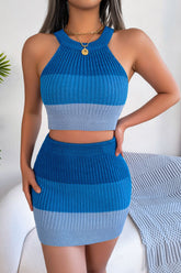 Color Block Sleeveless Crop Knit Top Skirt Set