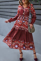 Robe mi-longue à imprimé floral, boutons décoratifs, col en V, manches à volants