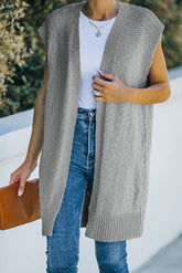 Ribbed Trim Open Front Sleeveless Cardigan