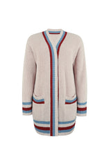 Contrast Trim Rib-Knit Open Front Longline Pocket Cardigan