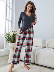 Buttoned Long Sleeve Top Plaid Pants Lounge Set