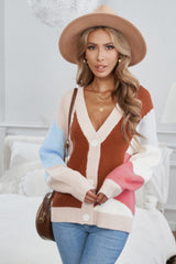 Color Block Button-Up Dropped Shoulder Plunge Cardigan