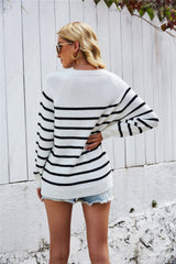 Striped Half Button Raglan Sleeve Knit Pullover