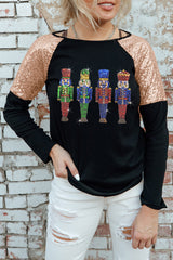Black Sequined Raglan Sleeve Nutcracker Graphic Tee