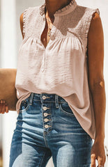 Ruffle Sleeveless Mid Turtleneck Button-Up Tops
