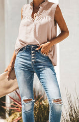 Ruffle Sleeveless Mid Turtleneck Button-Up Tops