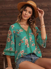 V-neck printed patchwork lace flared sleeve top
