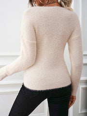 V Neck Off Shoulders Long Sleeves Cross Over Front Crop Fuzzy Sweater