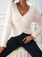 V Neck Off Shoulders Long Sleeves Cross Over Front Crop Fuzzy Sweater