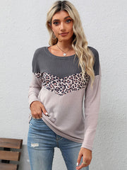 Women's leopard print stitching striped long-sleeved T-shirt
