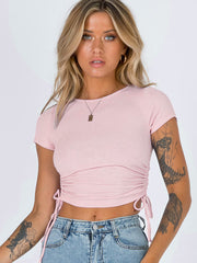 pit strip navel short drawstring tie round neck short-sleeved T-shirt