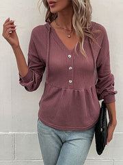Damen Strick-Kapuzen-Langarmshirt mit V-Ausschnitt und Waffelmuster