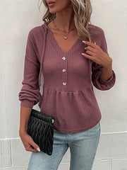 Damen Strick-Kapuzen-Langarmshirt mit V-Ausschnitt und Waffelmuster