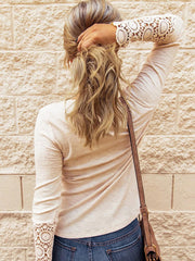 Explosives Rundhals-Nähte Spitzenärmel lockeres einfarbiges Langarm-T-Shirt