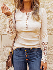 Explosives Rundhals-Nähte Spitzenärmel lockeres einfarbiges Langarm-T-Shirt