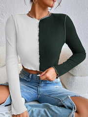 Women's Casual Colorblock Waffle Shorts Long Sleeve T-Shirt