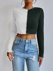 Women's Casual Colorblock Waffle Shorts Long Sleeve T-Shirt