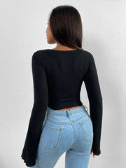 Women's knitted sweetheart collar trumpet sleeve irregular long-sleeved T-shirt