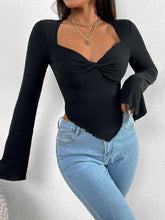Women's knitted sweetheart collar trumpet sleeve irregular long-sleeved T-shirt
