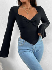 Women's knitted sweetheart collar trumpet sleeve irregular long-sleeved T-shirt