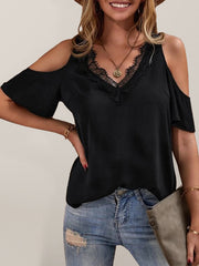 Solid color lace-trimmed V-neck off-the-shoulder short-sleeved top