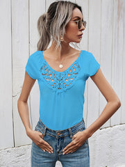 short-sleeved t-shirt female simple slim hollow round neck solid color top
