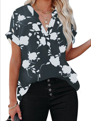 Chemise décontractée à manches courtes et col en V pour femme, imprimé floral