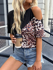 Women's Knitted Round Neck Stitching Leopard Print Off-Shoulder Casual T-Shirt