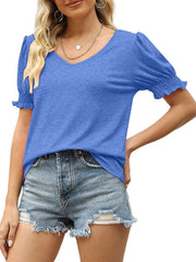 Summer's Puff Sleeve Pleated Short Sleeve V Neck T-Shirt