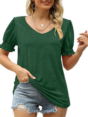 Summer's Puff Sleeve Pleated Short Sleeve V Neck T-Shirt