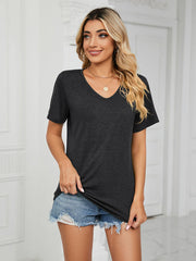 T-shirt ample à manches courtes et col en V pour femme, couleur unie