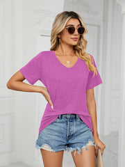 T-shirt ample à manches courtes et col en V pour femme, couleur unie