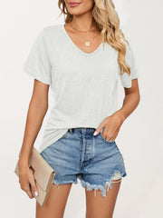 T-shirt ample à manches courtes et col en V pour femme, couleur unie