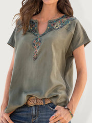 Woven Western Ethnic Style Loose Short Sleeve Top