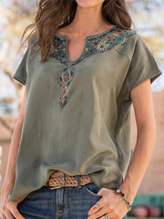 Woven Western Ethnic Style Loose Short Sleeve Top