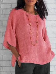 Foreign trade's three-quarter sleeve round neck cotton linen shirt top