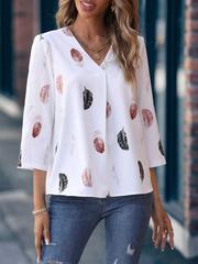 Woven V-Neck Feather Print Cropped Sleeve Loose Blouse