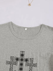 Women's Knitted Round Neck Cross Print Short Sleeve T-Shirt