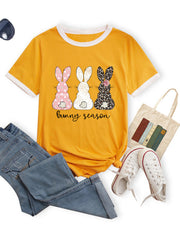 T-shirt à manches courtes pour femme avec imprimé lapin de saison et contraste de couleur