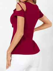 Tops V Neck Bow Cross Strap Off Shoulder Short Sleeve's T-Shirt