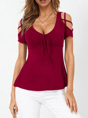 Tops V Neck Bow Cross Strap Off Shoulder Short Sleeve's T-Shirt